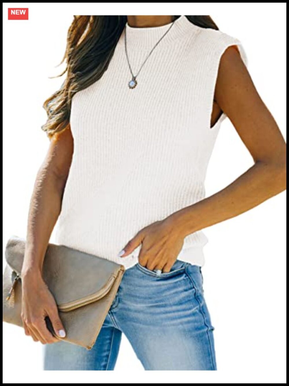 Mock Neck Ribbed Knit Sweater Vest Sleeveless Tank Top Casual